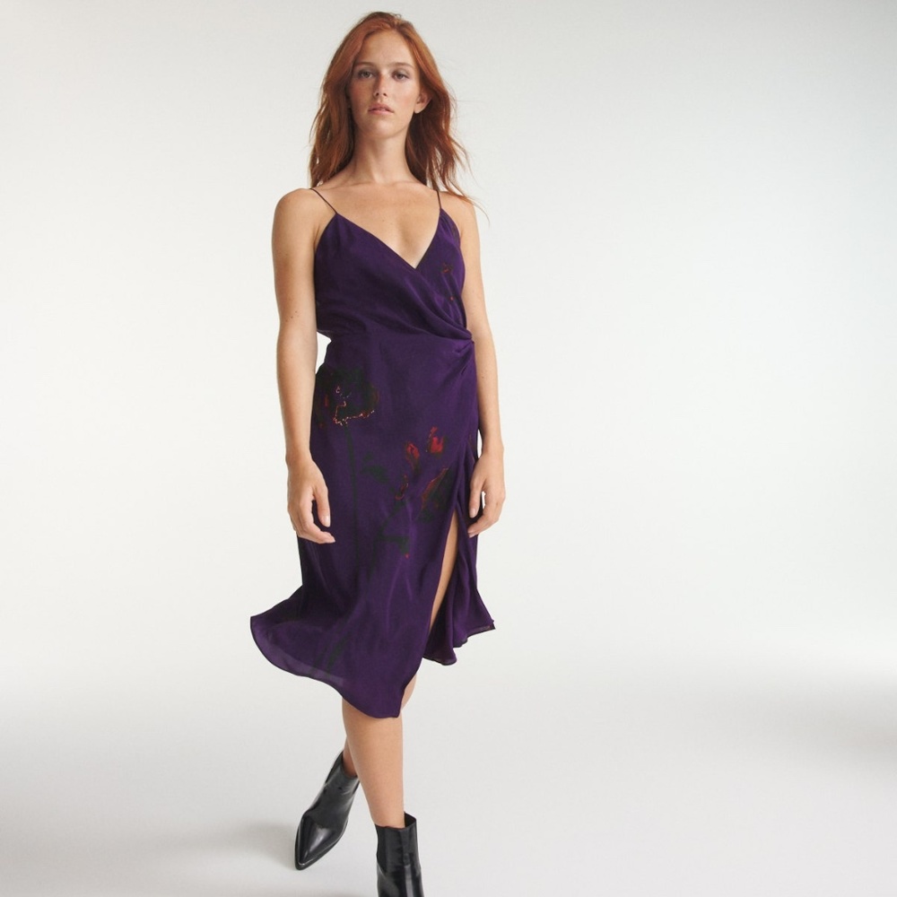 The Kooples Plum Slip Midi Dress with Floral Accents